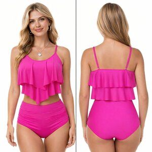 Hot Pink Ruffled Tankini Swimsuit Set – Medium – High Waisted Tummy Control NWT